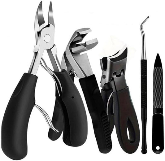 Stainless steel pedicure nail clipper set with black handles, file and nippers