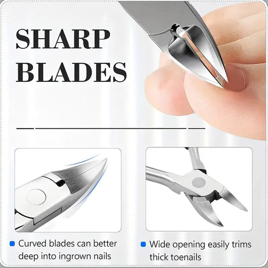 Curved stainless steel nail clipper with black handle, shown with finger and blades