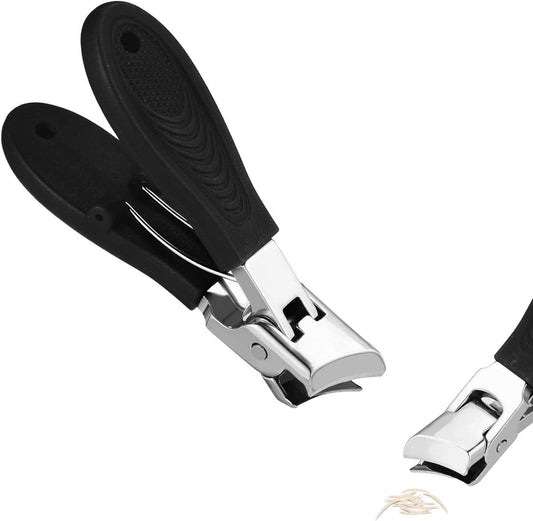 Black wide angled nail clippers with anti-splash guard and silver blades