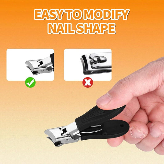 Black angled nail clippers held in hand, wide opening with silver cutting head