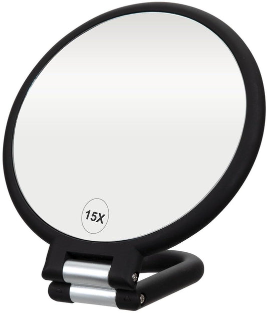 Round black 15x magnifying pocket mirror with handle and stand