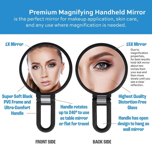 Black handheld pocket mirror with 1x and 15x sides, rotating handle