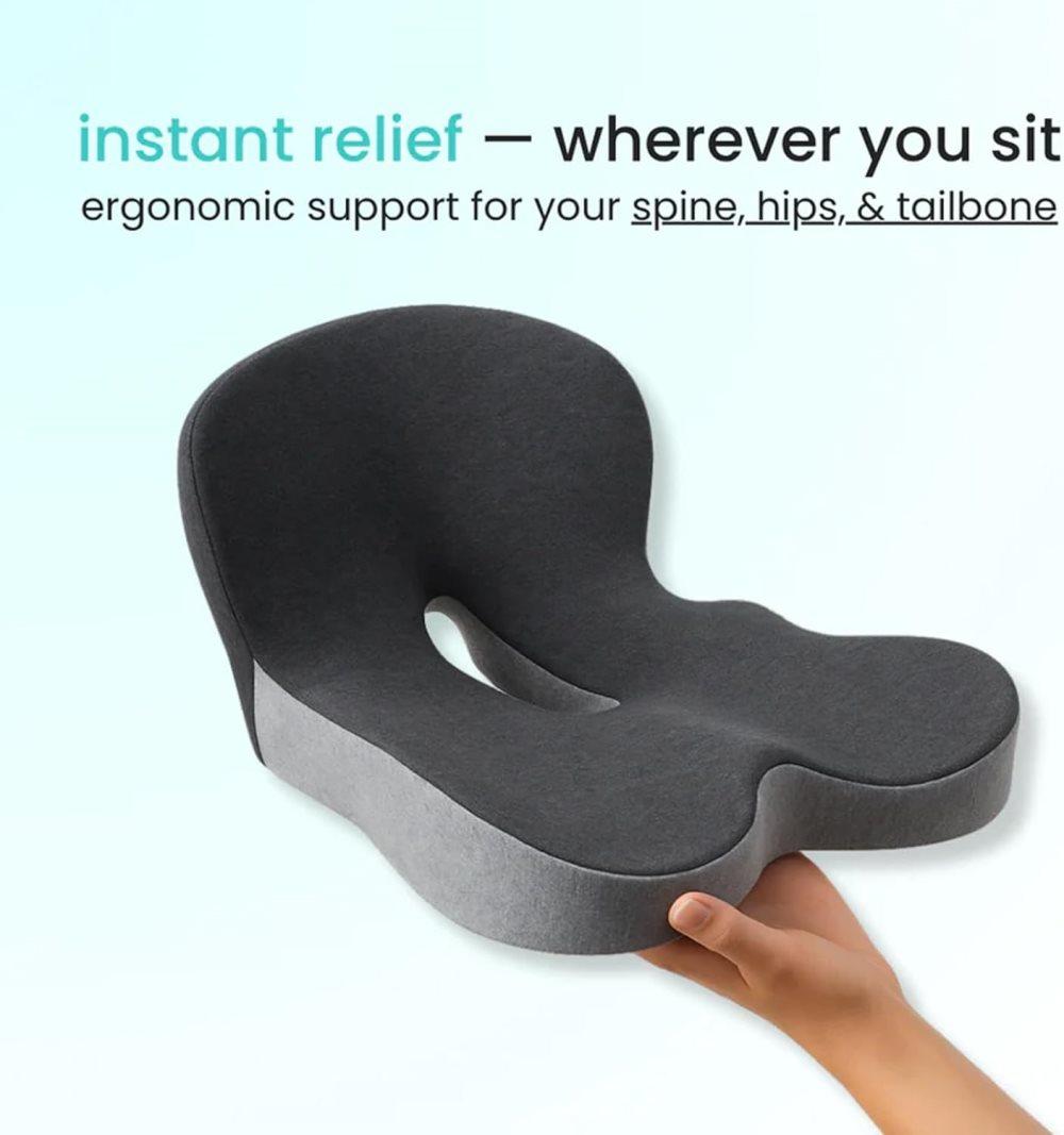 Ergonomic Memory Foam Seat Cushion with Lumbar Support and Tailbone Protection for Office Chairs, Driving and Home, Dark Gray, L-Shaped