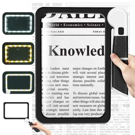 Handheld 5x magnifier with rectangular LED light panel and ergonomic grip handle
