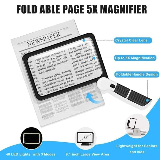 Foldable handheld magnifier with large clear lens and built-in LED light modes