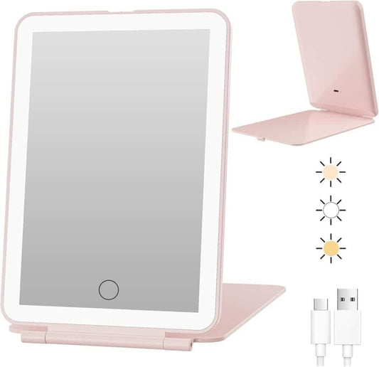 Rose pink foldable makeup mirror with built-in round light and base