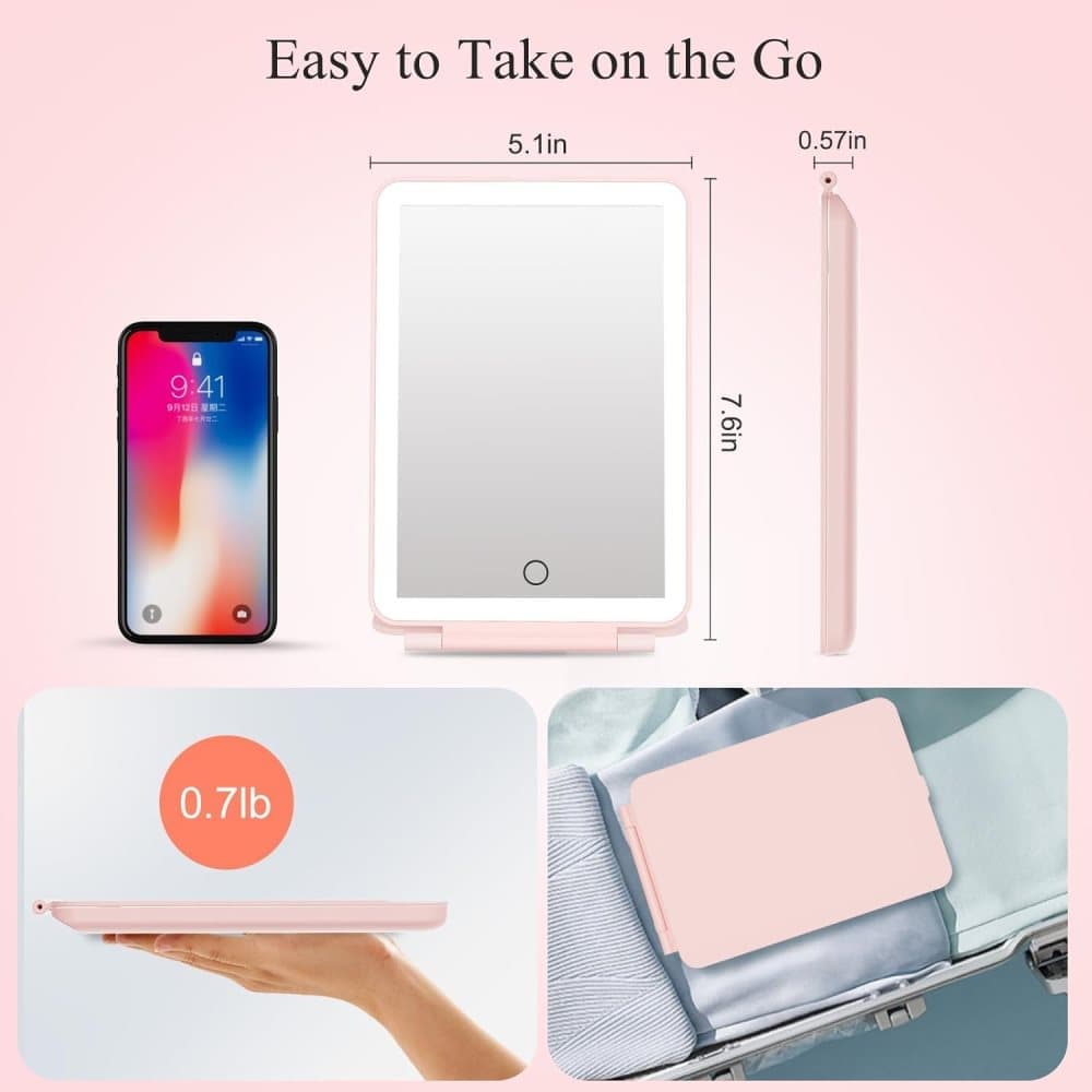 Rechargeable Portable Foldable Makeup Mirror with 3 Color Modes Adjustable Lighting
