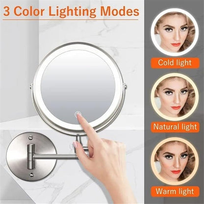 8 Inch Wall Mounted Makeup Mirror with Lights, 3x/10x Magnification, Dimmable 3 Light Modes, 360° Rotatable Double-Sided Mirror, Black