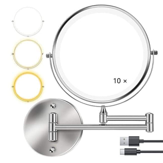 Silver wall-mounted makeup mirror with lights and 10x magnification side
