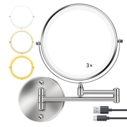 8 Inch Wall Mounted Makeup Mirror with Lights, 3x/10x Magnification, Dimmable 3 Light Modes, 360° Rotatable Double-Sided Mirror, Silver