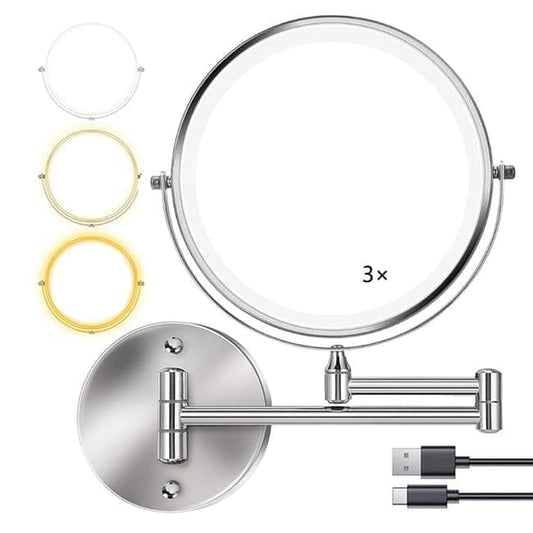Wall-mounted lighted vanity mirror with silver frame and 3x magnification label