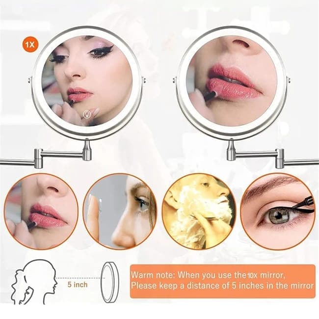 8 Inch Wall Mounted Makeup Mirror with Lights, 3x/10x Magnification, Dimmable 3 Light Modes, 360° Rotatable Double-Sided Mirror, Silver