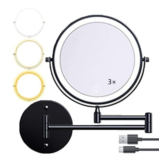 Wall-mounted round vanity mirror with lights, black frame and 3x magnifier label
