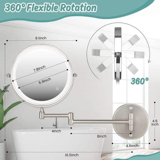 Wall-mounted round vanity mirror with extendable arm, shown with 360-degree rotation diagram