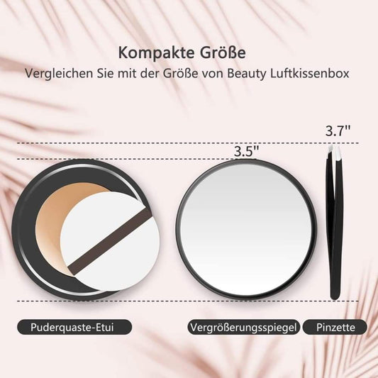 Compact magnifying mirror with tweezers and size markings