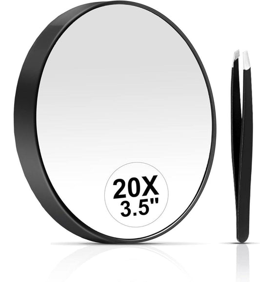 Black round 20X magnification makeup mirror with 3.5-inch insert and tweezers
