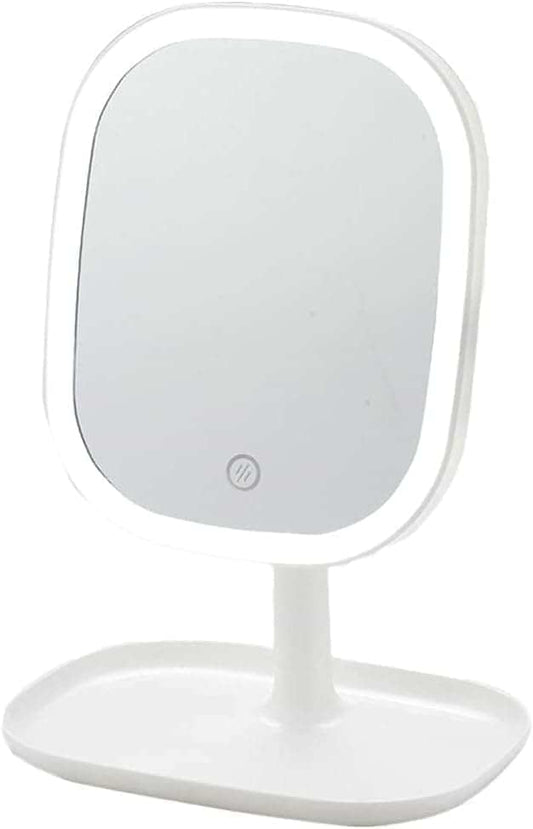 White LED makeup mirror with rounded frame and touch button on front base.