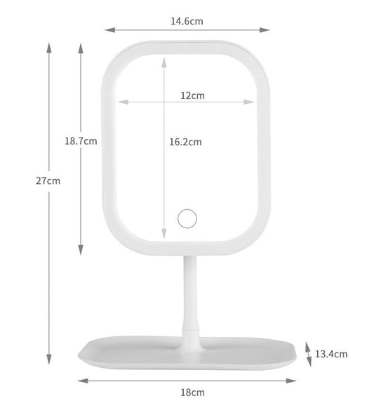 LED makeup mirror with white frame and stand, shown with size measurements