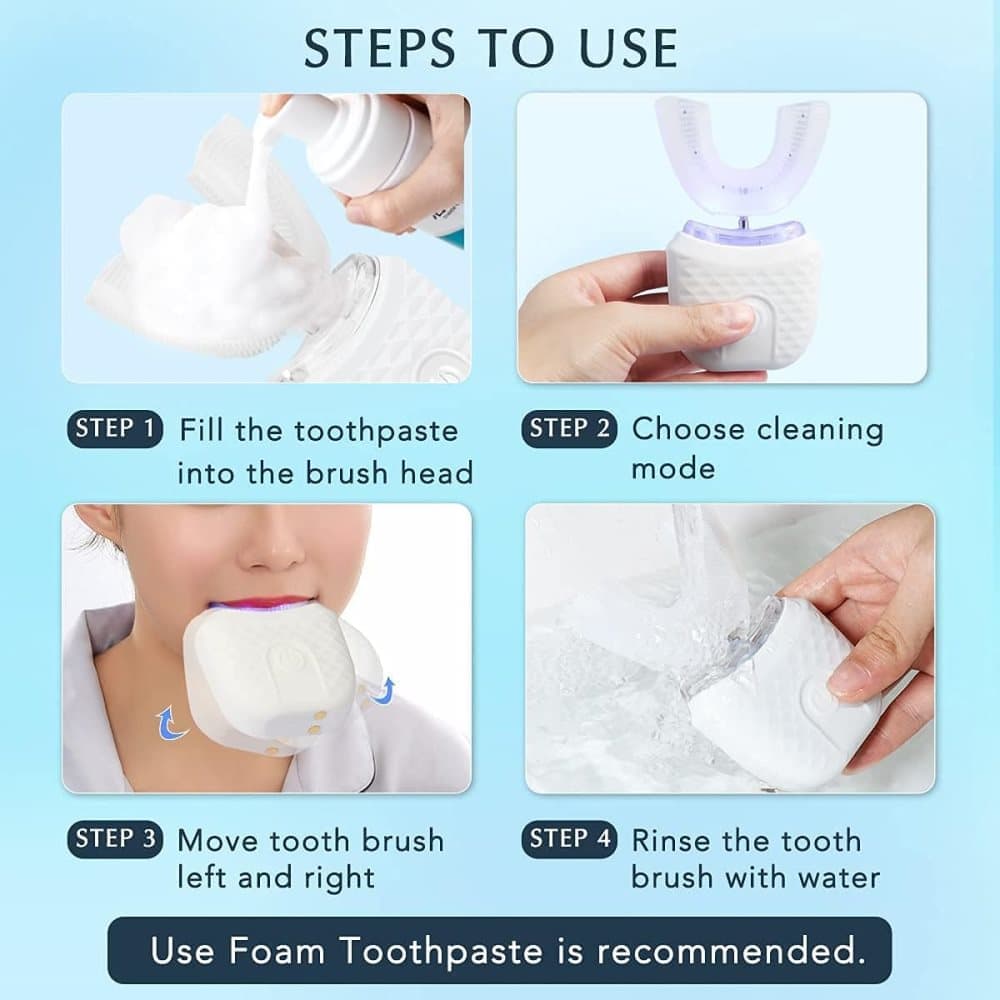 360° U-Shaped Electric Toothbrush, 3 Cleaning Modes, IPX7 Waterproof, Automatic Ultrasonic Tooth Cleaner, Compatible with Oral-B, White