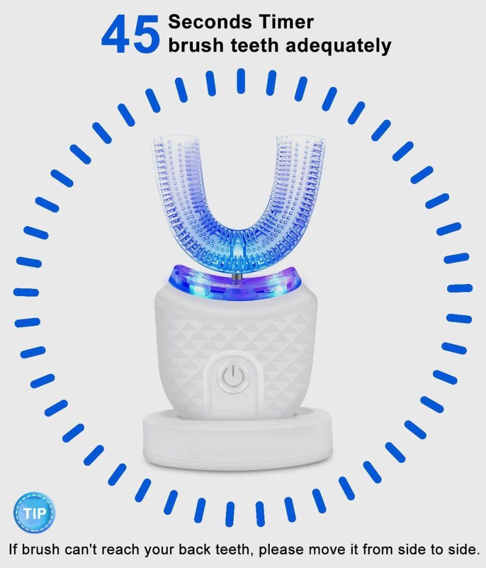 360° U-Shaped Electric Toothbrush, 3 Cleaning Modes, IPX7 Waterproof, Automatic Ultrasonic Tooth Cleaner, Compatible with Oral-B, White