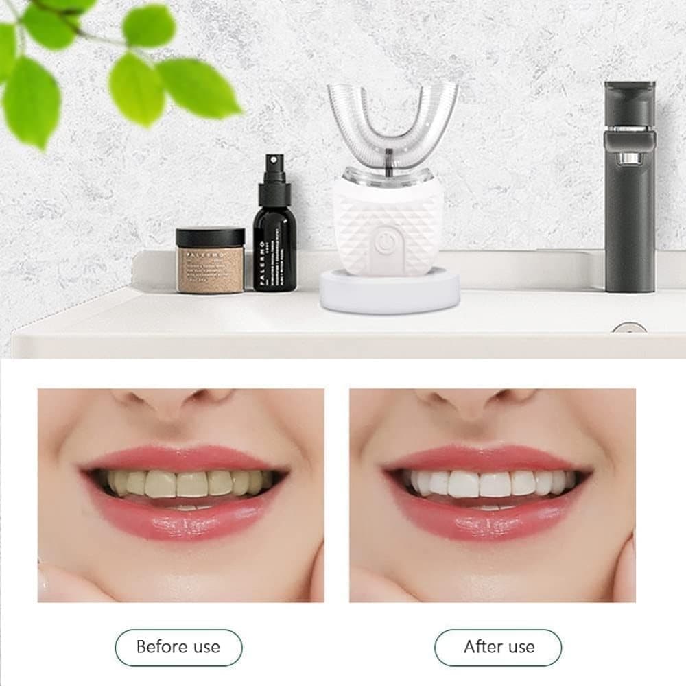 360° U-Shaped Electric Toothbrush with 3 Cleaning Modes, IPX7 Waterproof, Automatic Ultrasonic Tooth Cleaner, Compatible with Oral-B, Blue