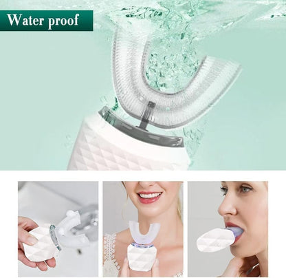 360° U-Shaped Electric Toothbrush with 3 Cleaning Modes, IPX7 Waterproof, Automatic Ultrasonic Tooth Cleaner, Compatible with Oral-B, Blue