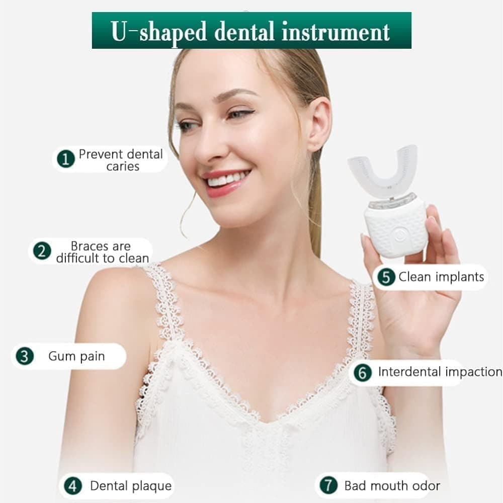 360° U-Shaped Electric Toothbrush with 3 Cleaning Modes, IPX7 Waterproof, Automatic Ultrasonic Tooth Cleaner, Compatible with Oral-B, Blue