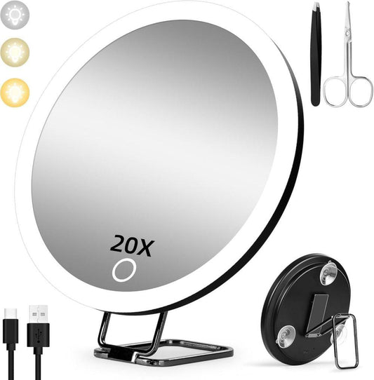 LED makeup mirror with round light ring, 20X magnification, and foldable tabletop stand