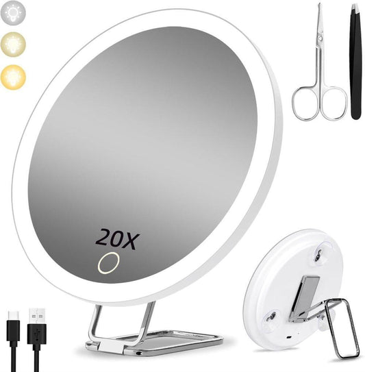 White LED makeup mirror with illuminated ring, 360° base, and magnifying panel