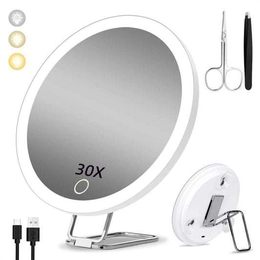 White LED makeup mirror showing 30X magnification, with tabletop stand