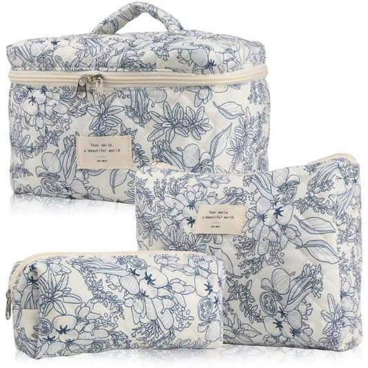 3-piece floral makeup bag set with zippered pouches in light blue and white