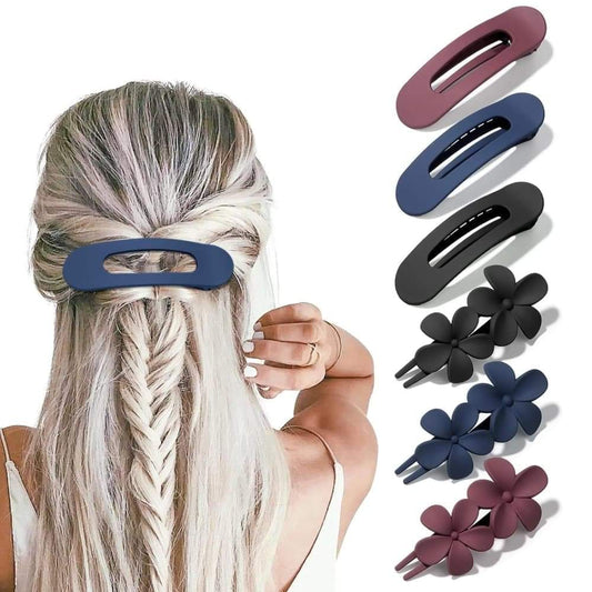 Large non-slip claw hair clips set, including a blue clip and flower accent clips