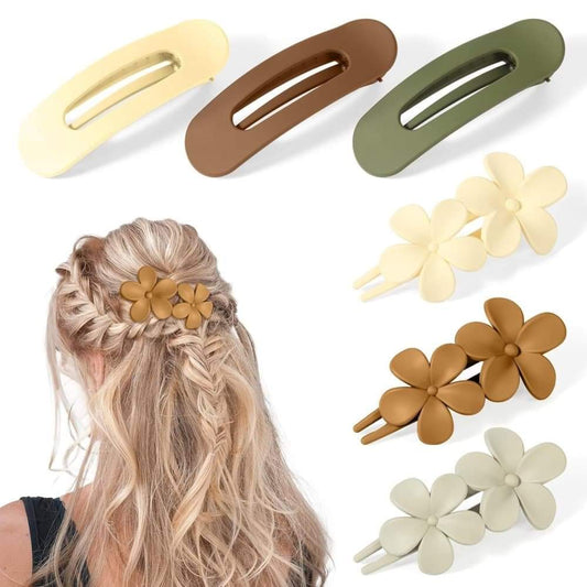 Large hair claw clips and flower hair clips in cream, brown, and sage