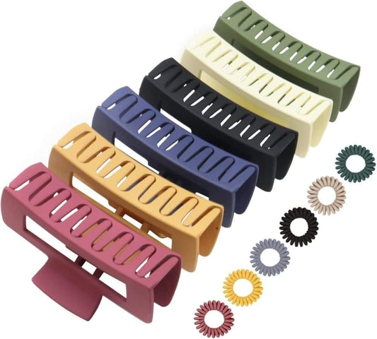 Rectangular hair clips set in olive, cream, black, navy, tan, and pink