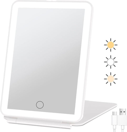 Rechargeable makeup mirror with touch LED ring and white foldable stand, upright view