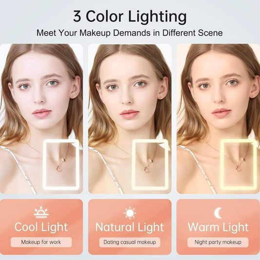 Rechargeable makeup mirror with LED lighting showing three color modes, front view