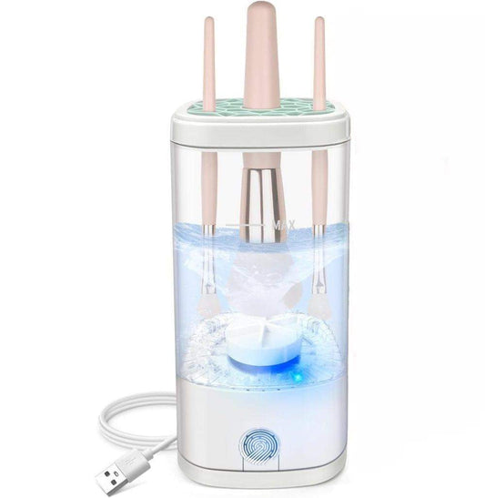 White portable makeup brush cleaner with translucent water tank and USB cable