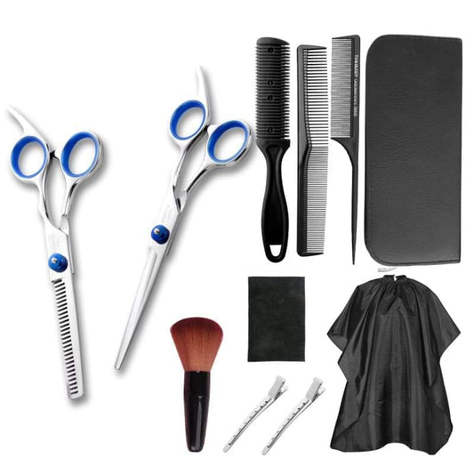 Hairdressing set with multiple scissors, combs, clips, and black cape
