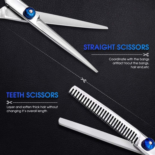 Hairdressing scissors set showing straight and toothed blades with blue accents
