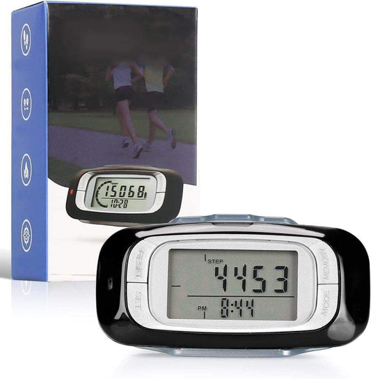3D sensor pedometer with step readout screen in black-and-silver casing