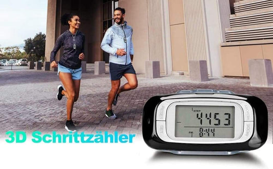 3D sensor pedometer with digital steps display and black side housing