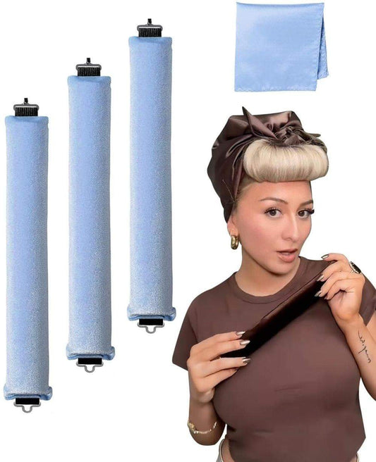 Light blue foam hair curling rollers with hooks, four cylindrical curlers
