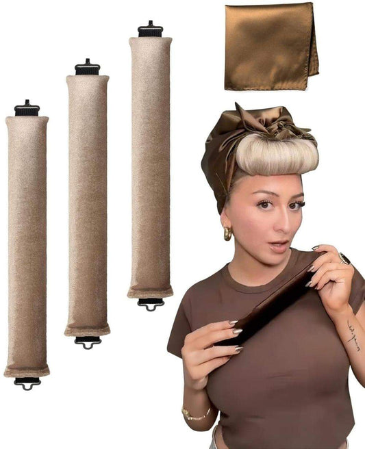 Heat-free hair curlers, four flexible brown rollers with hook fasteners and caps