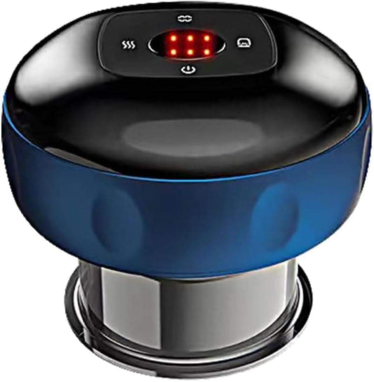Blue electric cupping therapy machine with control panel and glowing mode display