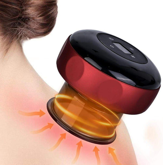 Red vacuum cupping massager device with black top, pressed on skin