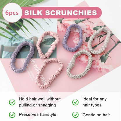6-Pack Silk Scrunchies Hair Bands 100% Mulberry Silk Gentle No Damage High Elasticity, 16 Momme