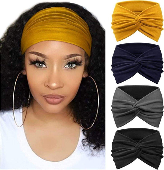 Elastic headband set: mustard, navy, and dark gray bow-twist fabric bands