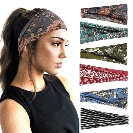 Patterned elastic headbands set shown with one worn on hair, mixed floral prints