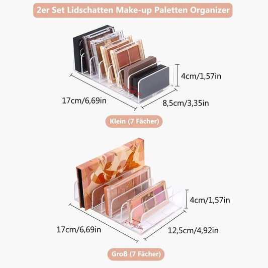 Acrylic organizer set with stacked 7-compartment trays, brown, clear, and pink