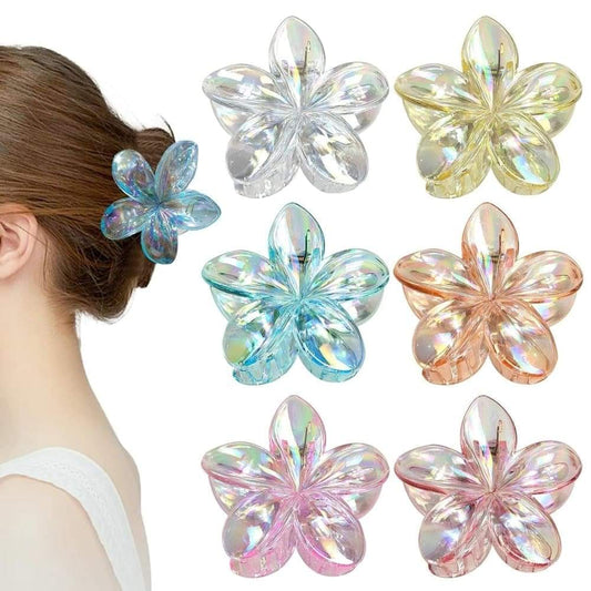 Holographic flower hair clips set of 6, iridescent petals